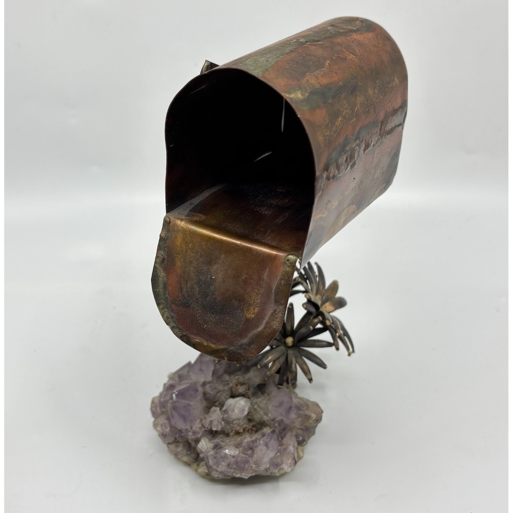 MCM Brutalist Metal Art Mailbox Sculpture Copper Amethyst‎ Cluster Natural Vtg